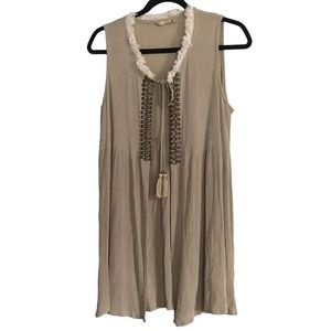 KHUSH Womens Sleeveless Fringe Embellished Crinkle Beach Coverup Tan Sz Medium